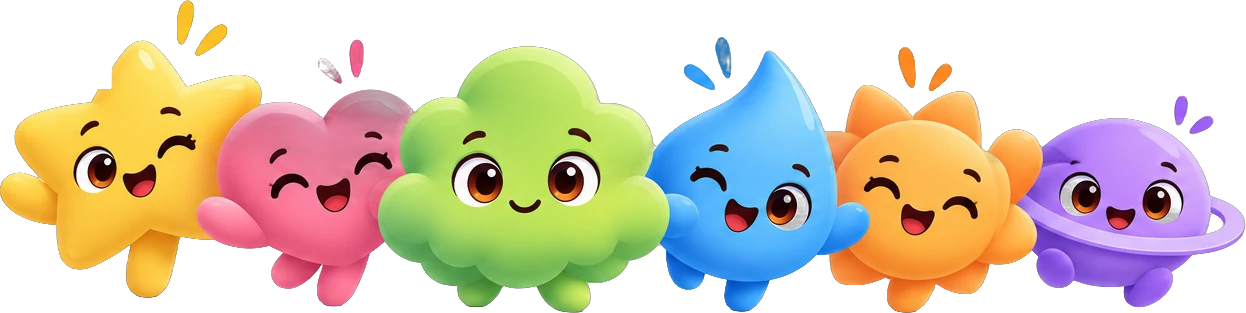 Fey et ses cinq amis : une étoile, un cœur, une goutte d'eau, un soleil et une planète
